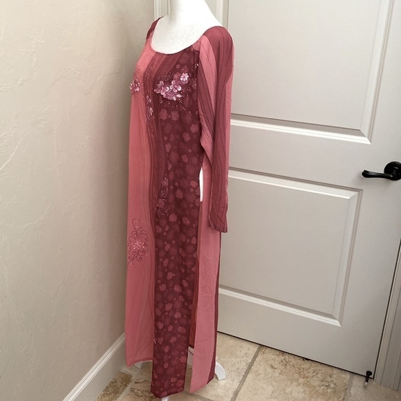 Kurta Sari long silk over dress Womens pink floral appliqué sequins Size M* - Picture 3 of 13